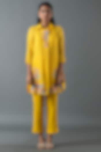 Yellow Shrimp Linen Glass Embroidered Tunic Set by OJA at Pernia's Pop Up Shop