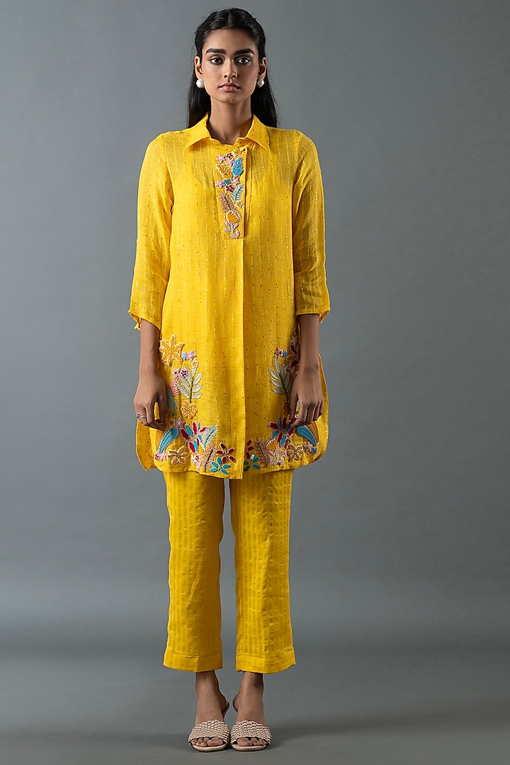 Yellow Shrimp Linen Glass Embroidered Tunic Set by OJA at Pernia's Pop Up Shop