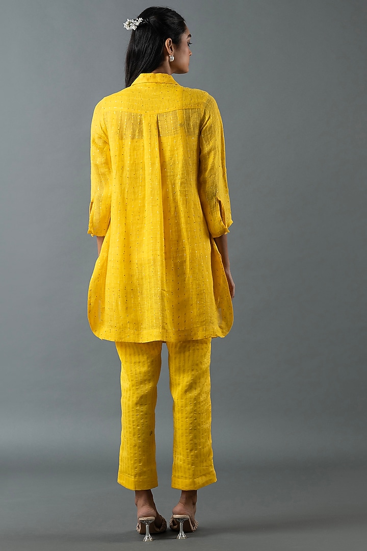 Yellow Shrimp Linen Glass Embroidered Tunic Set by OJA at Pernia's Pop Up Shop