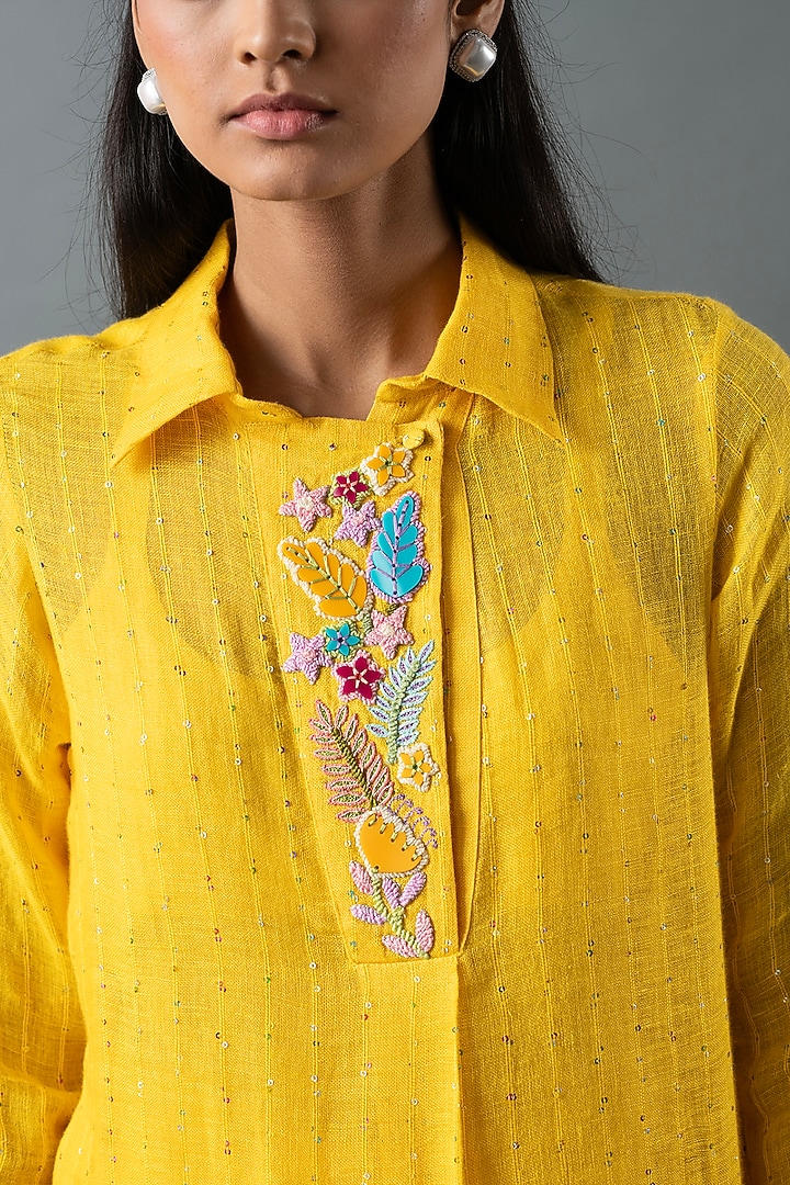 Yellow Shrimp Linen Glass Embroidered Tunic Set by OJA at Pernia's Pop Up Shop