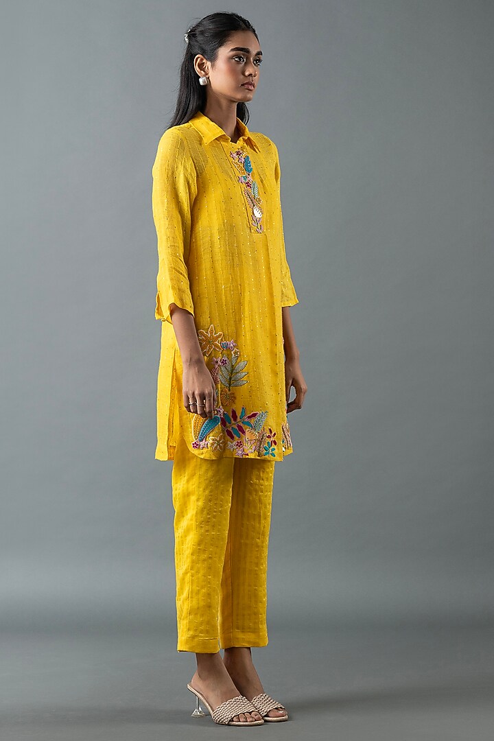 Yellow Shrimp Linen Glass Embroidered Tunic Set by OJA at Pernia's Pop Up Shop