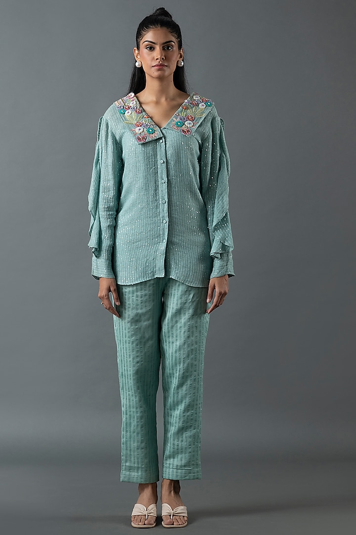 Aqua Blue Shrimp Linen Glass Embroidered Co-Ord Set by OJA at Pernia's Pop Up Shop