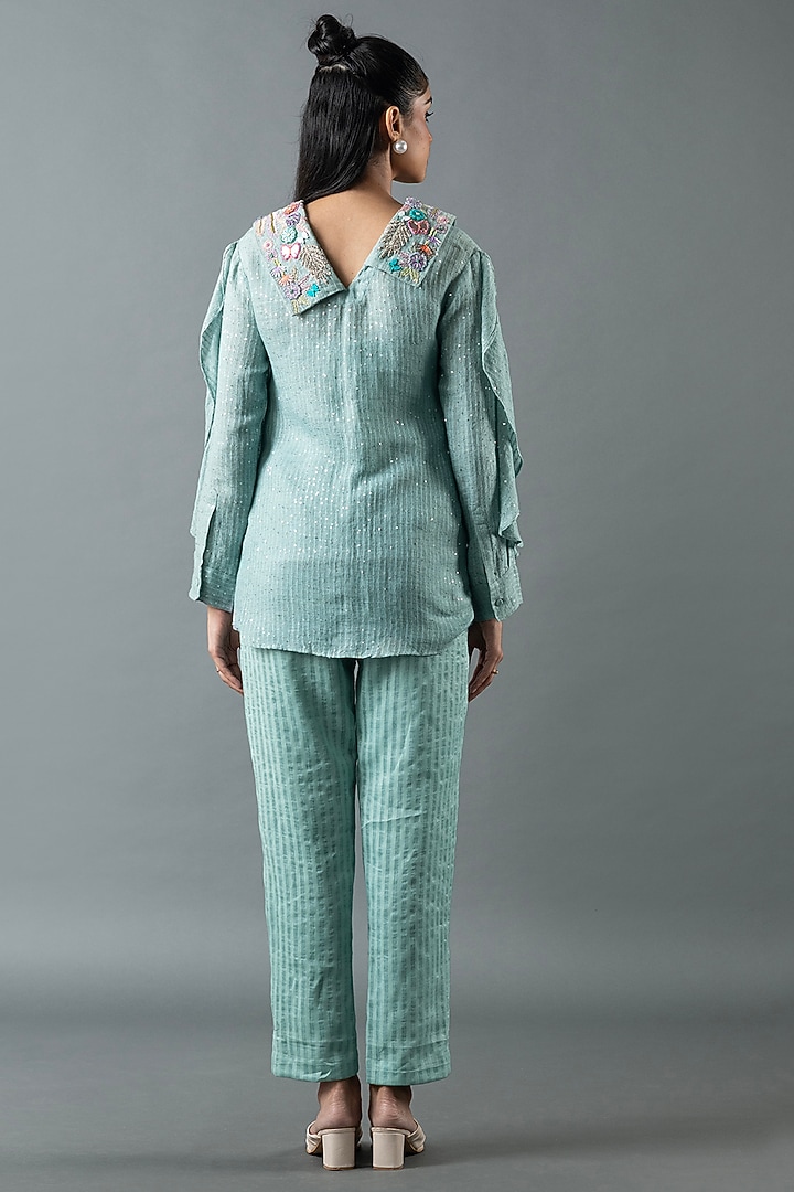 Aqua Blue Shrimp Linen Glass Embroidered Co-Ord Set by OJA at Pernia's Pop Up Shop