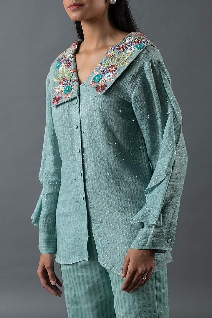 Aqua Blue Shrimp Linen Glass Embroidered Co-Ord Set by OJA at Pernia's Pop Up Shop
