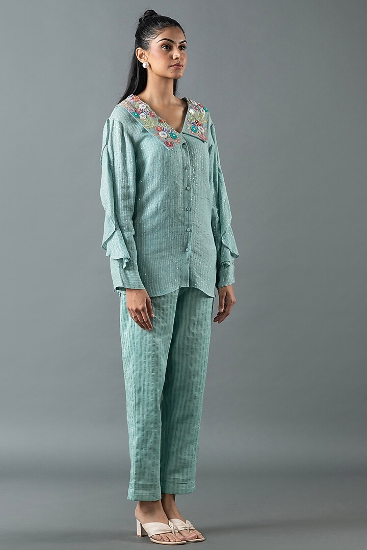 Aqua Blue Shrimp Linen Glass Embroidered Co-Ord Set by OJA at Pernia's Pop Up Shop
