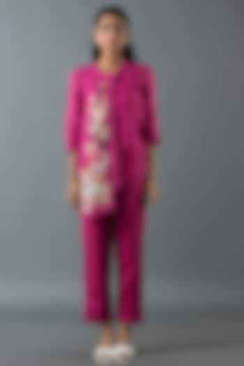 Magenta Shrimp Linen Embroidered Co-Ord Set by OJA at Pernia's Pop Up Shop