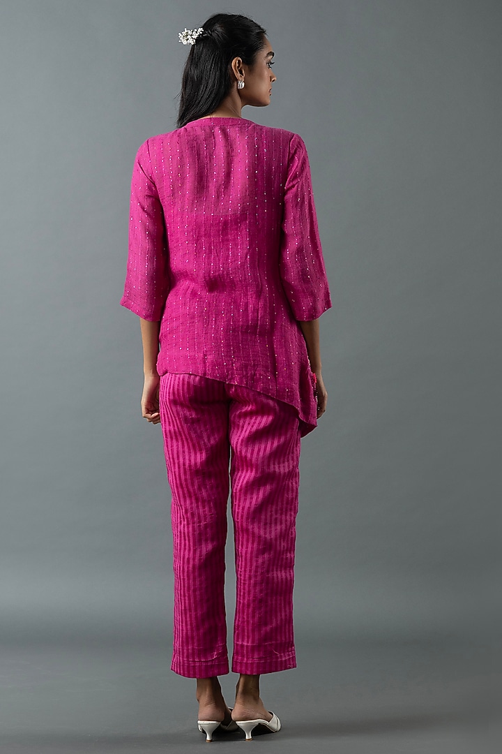 Magenta Shrimp Linen Embroidered Co-Ord Set by OJA at Pernia's Pop Up Shop