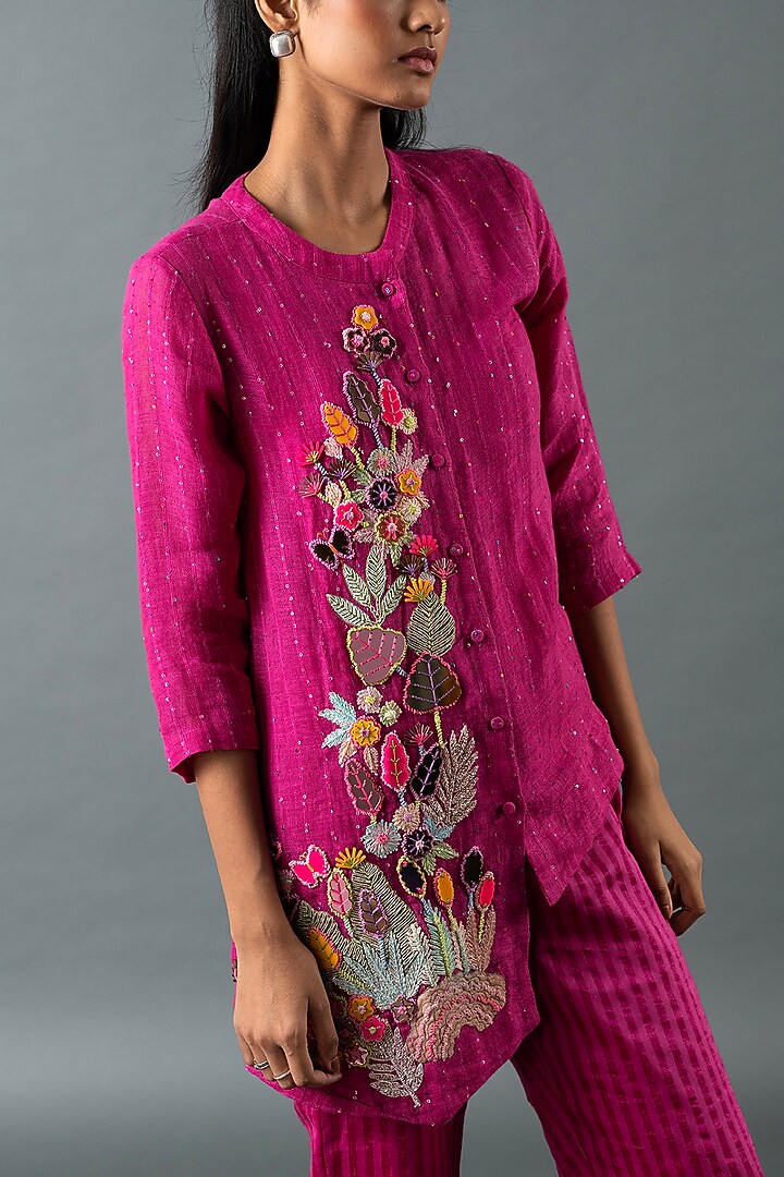 Magenta Shrimp Linen Embroidered Co-Ord Set by OJA at Pernia's Pop Up Shop