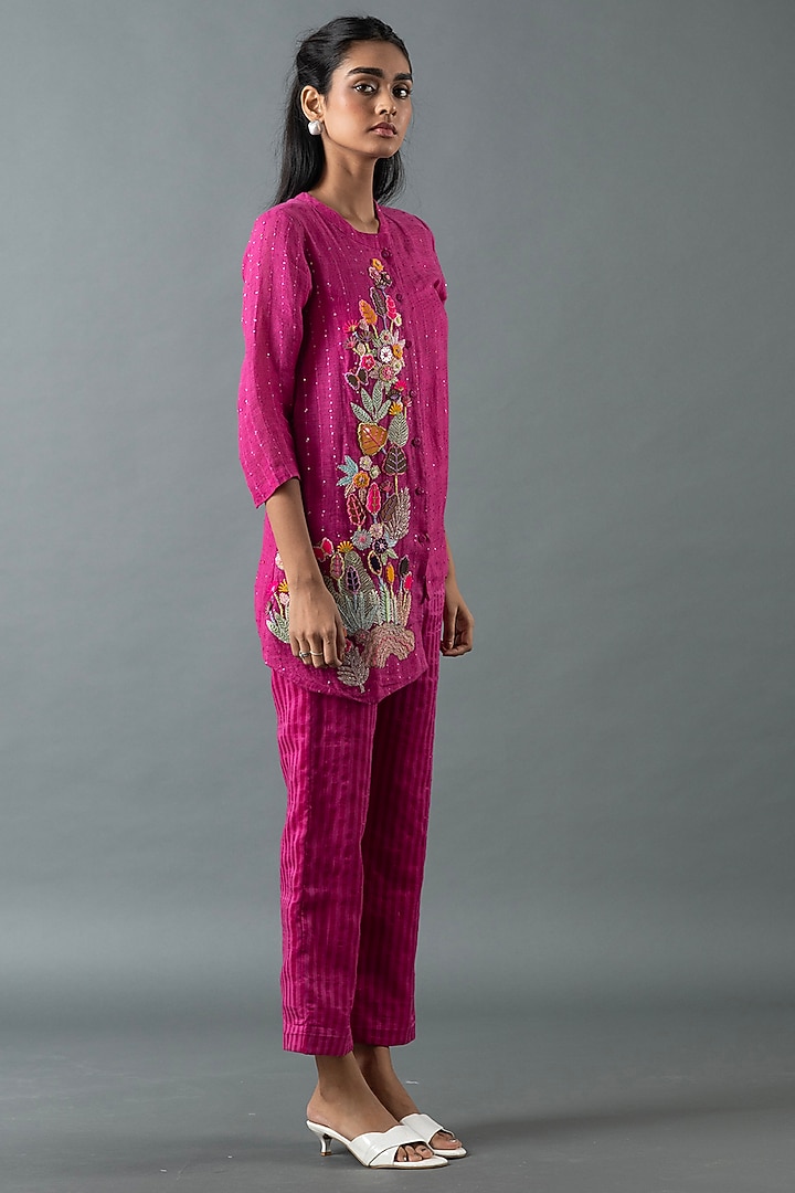Magenta Shrimp Linen Embroidered Co-Ord Set by OJA at Pernia's Pop Up Shop