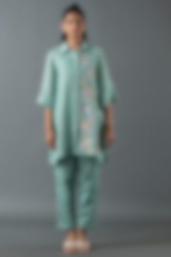 Aqua Blue Shrimp Linen Gota Embroidered Tunic Set by OJA