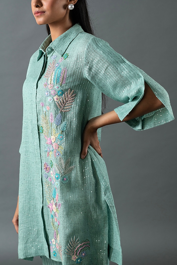 Aqua Blue Shrimp Linen Gota Embroidered Tunic Set by OJA at Pernia's Pop Up Shop