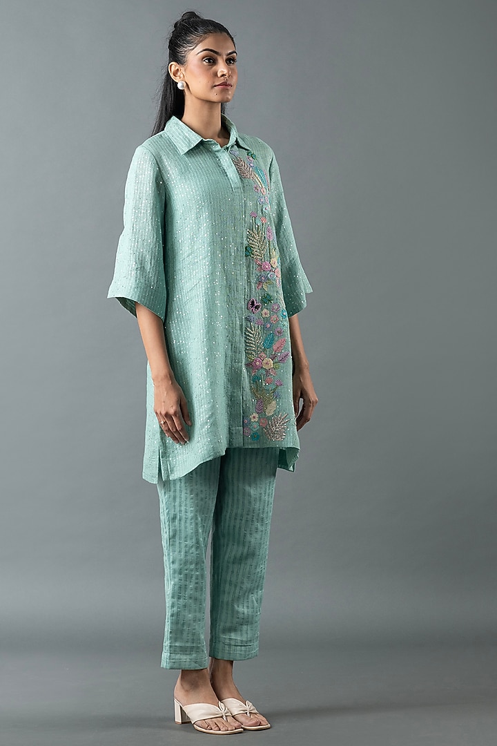 Aqua Blue Shrimp Linen Gota Embroidered Tunic Set by OJA at Pernia's Pop Up Shop