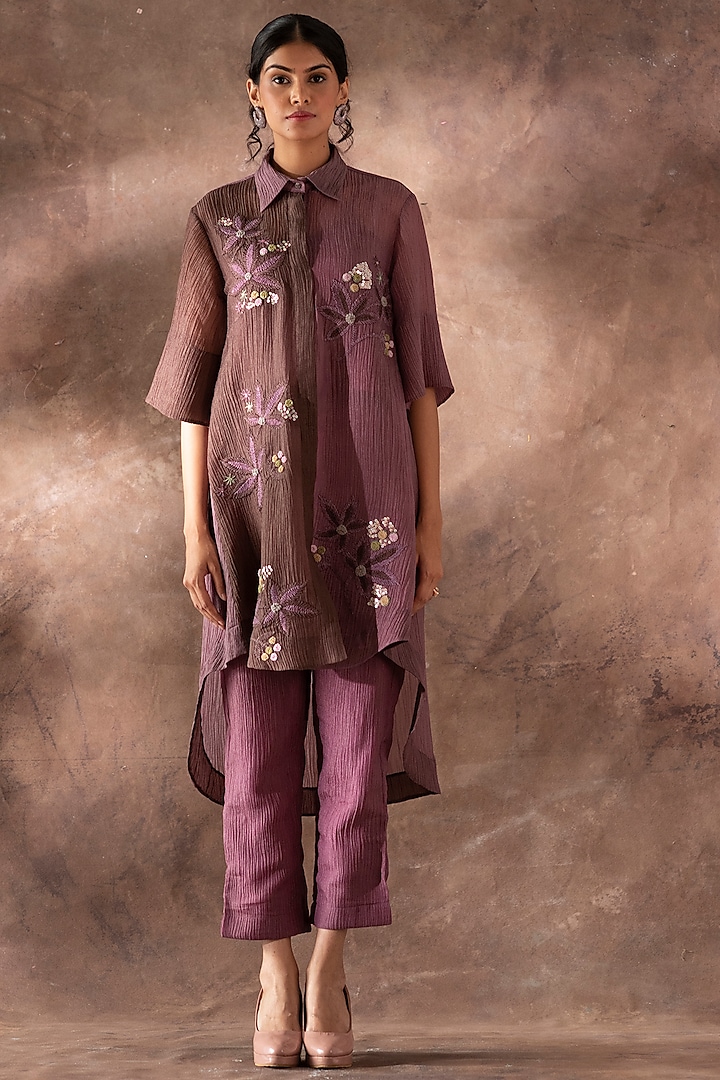 Purple Japanese Quash Floral Embroidered Tunic Set by OJA at Pernia's Pop Up Shop