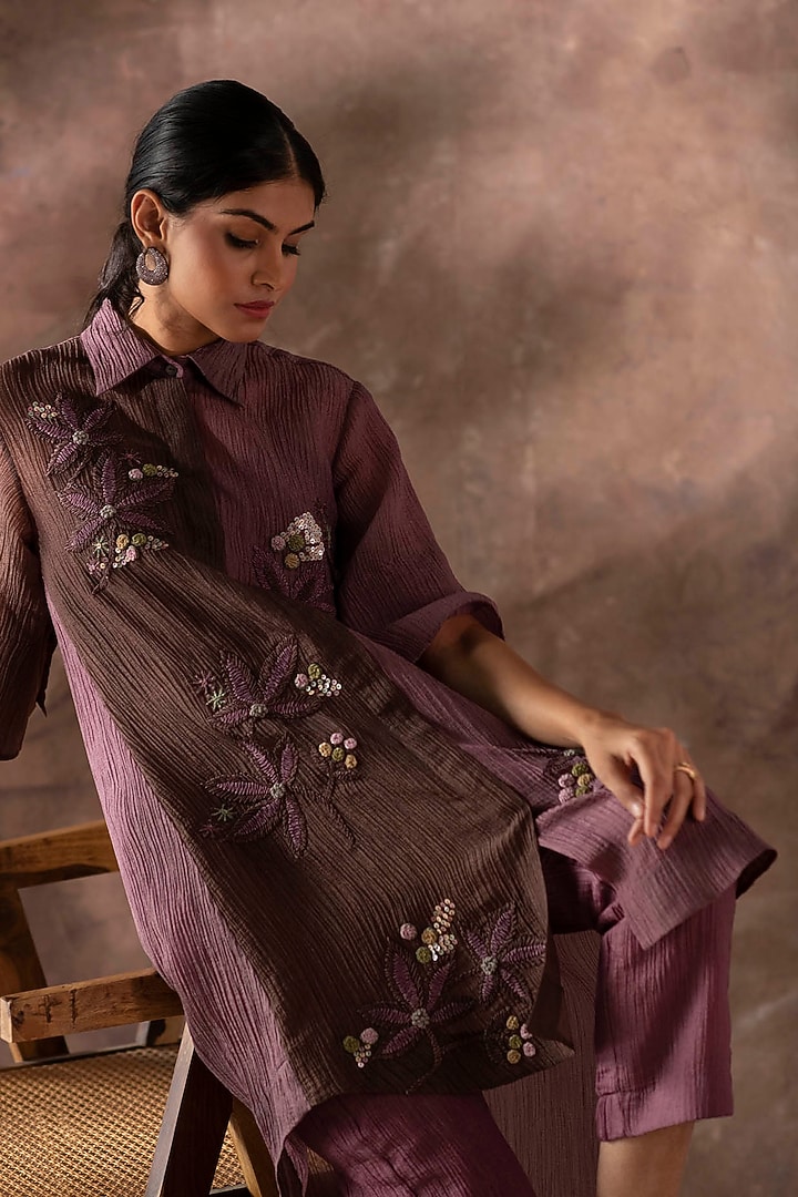 Purple Japanese Quash Floral Embroidered Tunic Set by OJA at Pernia's Pop Up Shop