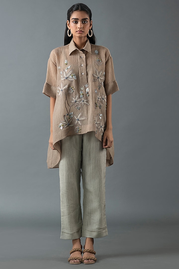 Beige Japanese Quash Embroidered Co-Ord Set by OJA
