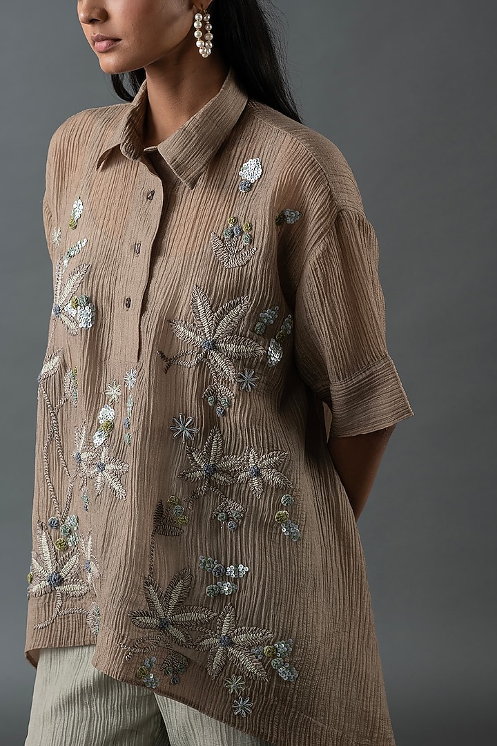 Beige Japanese Quash Embroidered Co-Ord Set by OJA at Pernia's Pop Up Shop