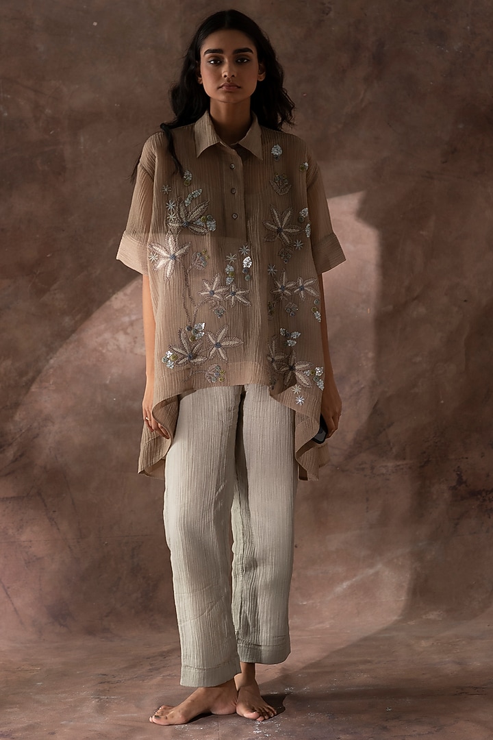 Beige Japanese Quash Embroidered Co-Ord Set by OJA at Pernia's Pop Up Shop