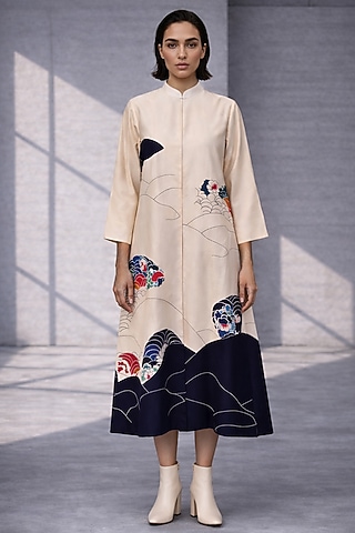 Almond Silk Chanderi Paneled Midi Dress by OJA