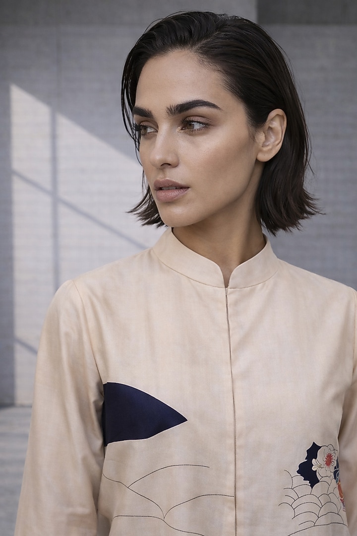 Almond Silk Chanderi Paneled Midi Vacation Dress by OJA at Pernia's Pop Up Shop