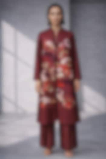 Maroon Silk Chanderi Japanese Floral Embroidered Jacket Set by OJA at Pernia's Pop Up Shop