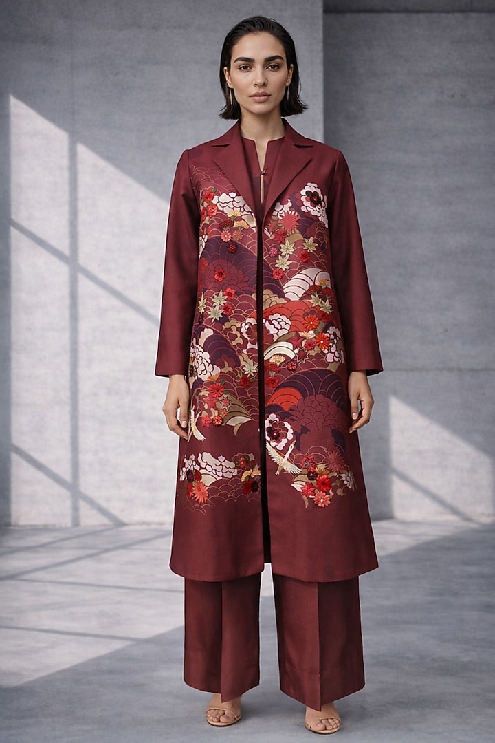 Maroon Silk Chanderi Japanese Floral Embroidered Jacket Set by OJA at Pernia's Pop Up Shop