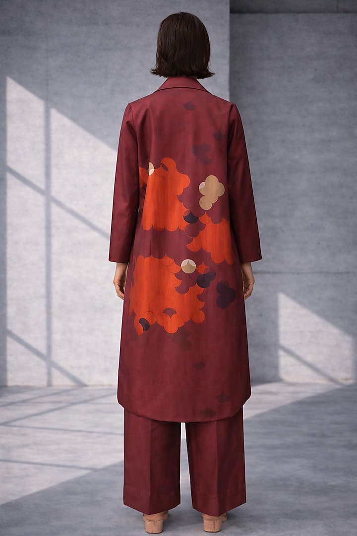 Maroon Silk Chanderi Japanese Floral Embroidered Jacket Set by OJA at Pernia's Pop Up Shop