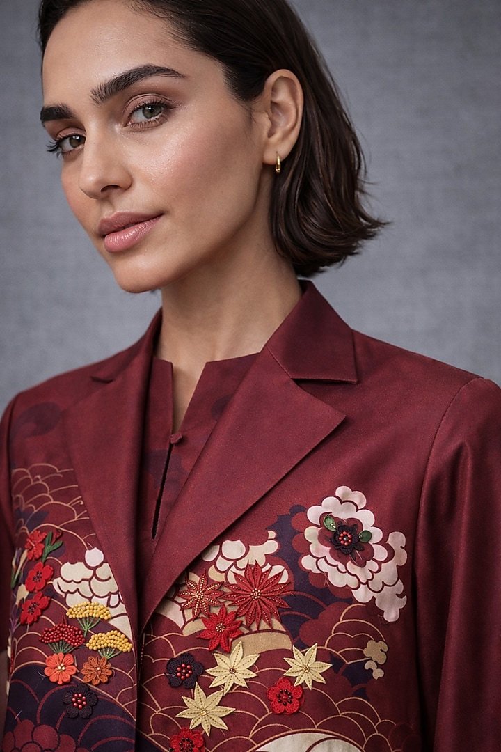 Maroon Silk Chanderi Japanese Floral Embroidered Jacket Set by OJA at Pernia's Pop Up Shop