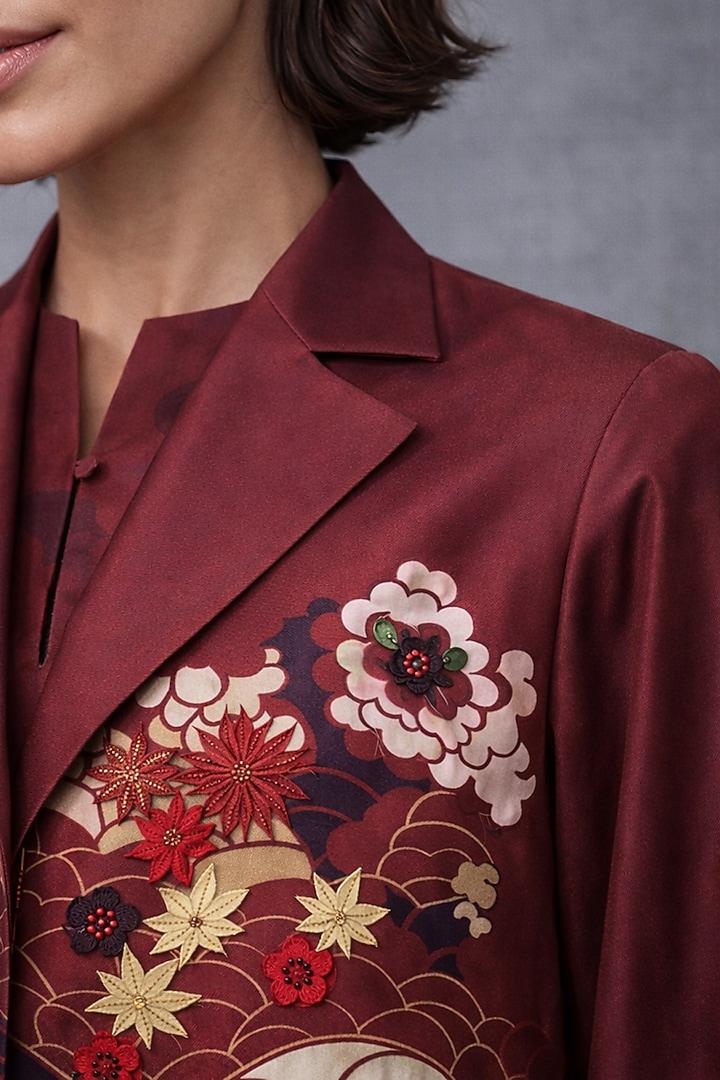 Maroon Silk Chanderi Japanese Floral Embroidered Jacket Set by OJA at Pernia's Pop Up Shop