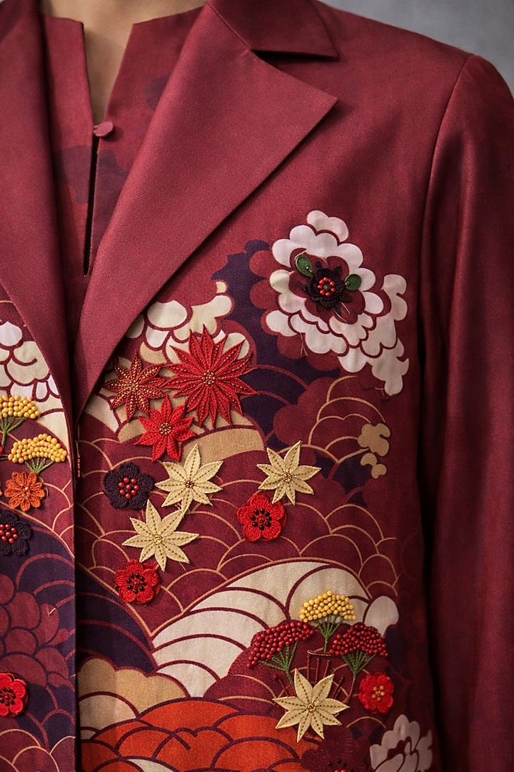 Maroon Silk Chanderi Japanese Floral Embroidered Jacket Set by OJA at Pernia's Pop Up Shop