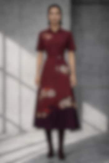 Maroon Silk Chanderi Midi Vacation Dress by OJA at Pernia's Pop Up Shop