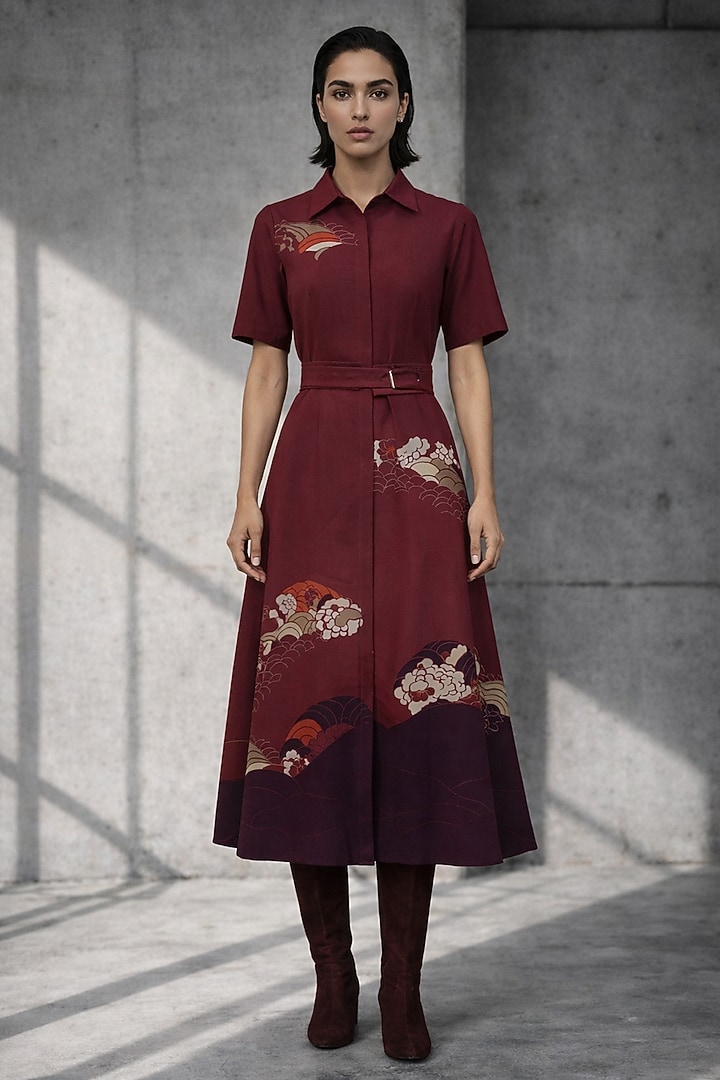 Maroon Silk Chanderi Midi Vacation Dress by OJA at Pernia's Pop Up Shop
