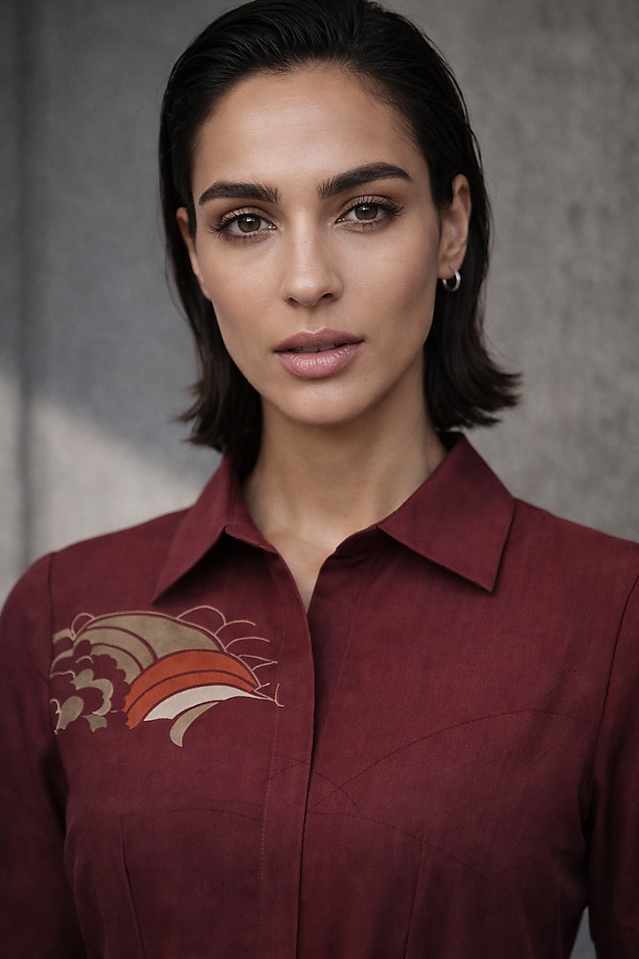 Maroon Silk Chanderi Midi Vacation Dress by OJA at Pernia's Pop Up Shop