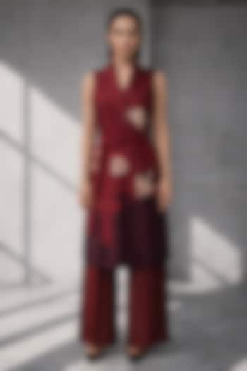 Maroon Silk Chanderi Jacket Set by OJA at Pernia's Pop Up Shop