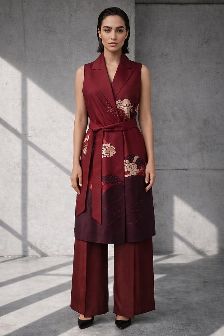 Maroon Silk Chanderi Jacket Set by OJA at Pernia's Pop Up Shop