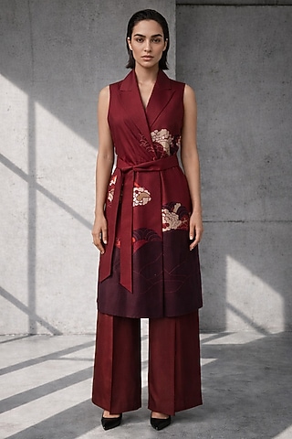 Maroon Silk Chanderi Jacket Set by OJA