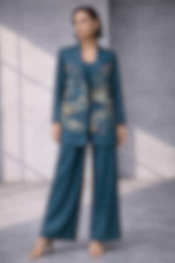 Azure Teal Silk Chanderi Jacket Set by OJA at Pernia's Pop Up Shop