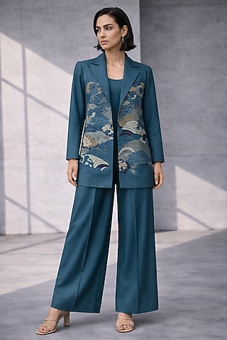 Azure Teal Silk Chanderi Jacket Set by OJA