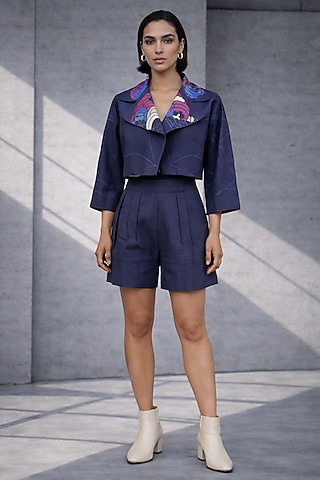 Navy Blue Silk Chanderi Jacket Set by OJA