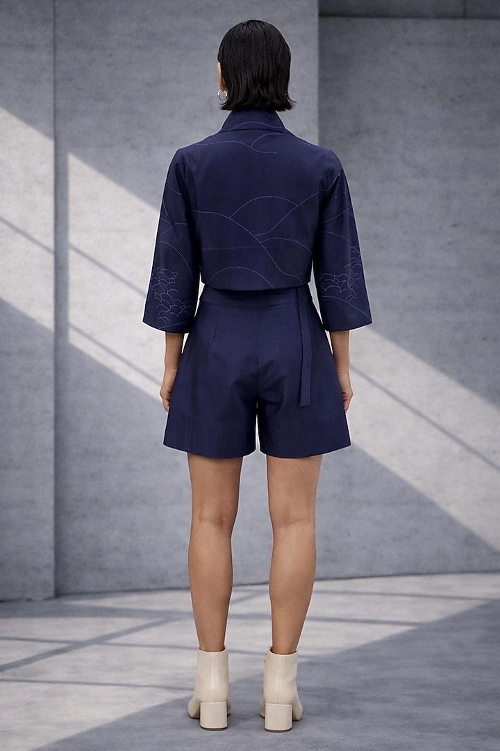 Navy Blue Silk Chanderi Jacket Set by OJA at Pernia's Pop Up Shop