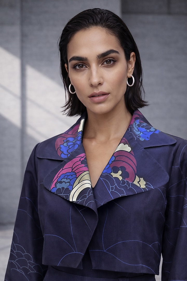 Navy Blue Silk Chanderi Jacket Set by OJA at Pernia's Pop Up Shop