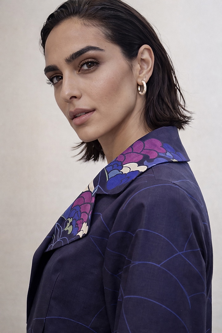 Navy Blue Silk Chanderi Jacket Set by OJA at Pernia's Pop Up Shop