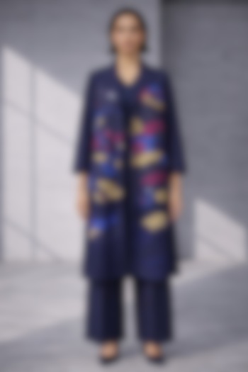 Midnight Blue Silk Chanderi Japanese Floral Embroidered Jacket Set by OJA at Pernia's Pop Up Shop