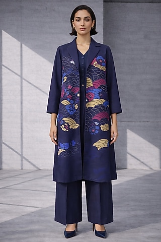 Midnight Blue Silk Chanderi Japanese Floral Embroidered Jacket Set by OJA