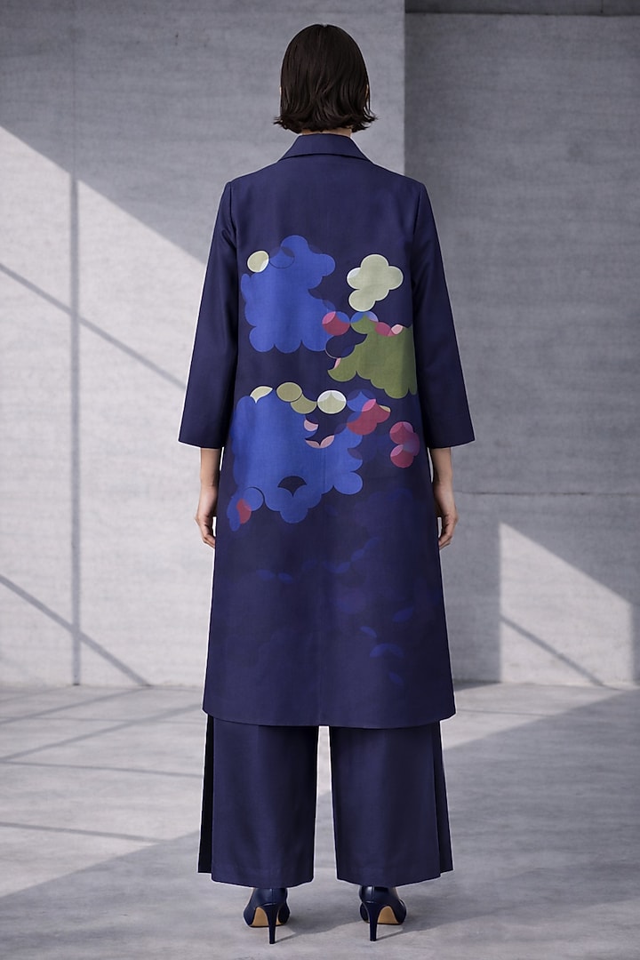 Midnight Blue Silk Chanderi Japanese Floral Embroidered Jacket Set by OJA at Pernia's Pop Up Shop