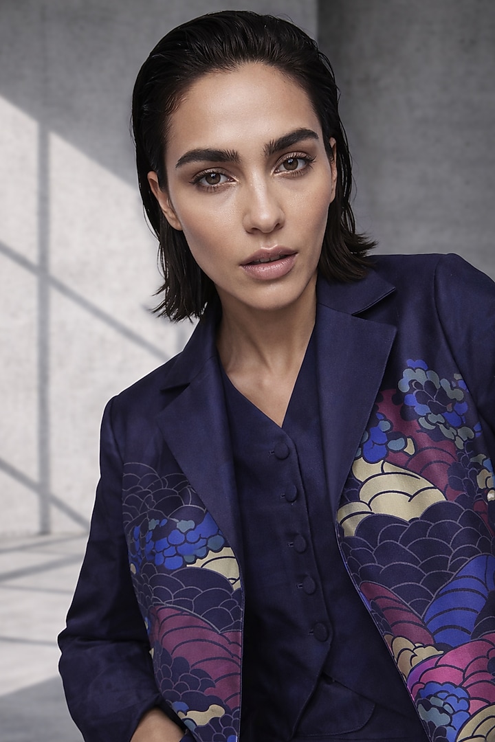 Midnight Blue Silk Chanderi Japanese Floral Embroidered Jacket Set by OJA at Pernia's Pop Up Shop