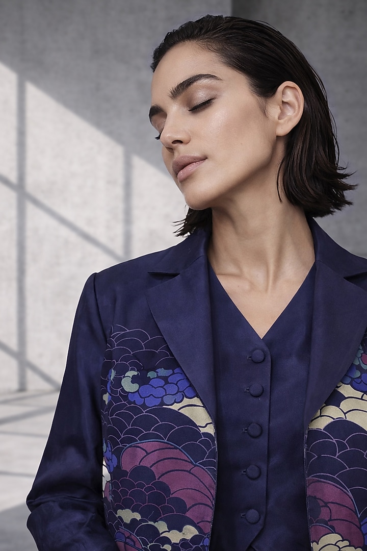Midnight Blue Silk Chanderi Japanese Floral Embroidered Jacket Set by OJA at Pernia's Pop Up Shop