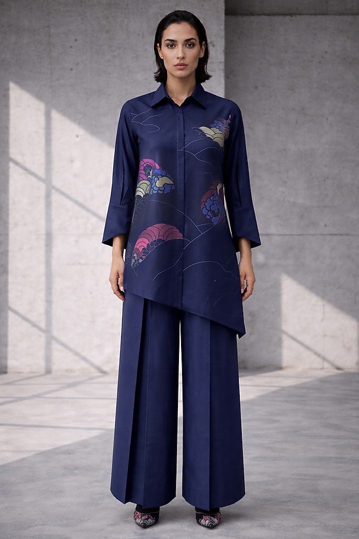 Midnight Navy Blue Silk Chanderi Co-Ord Set by OJA at Pernia's Pop Up Shop