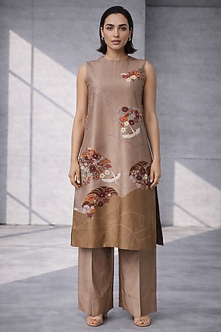 Beige Silk Chanderi Floral Embroidered Kurta Set by OJA