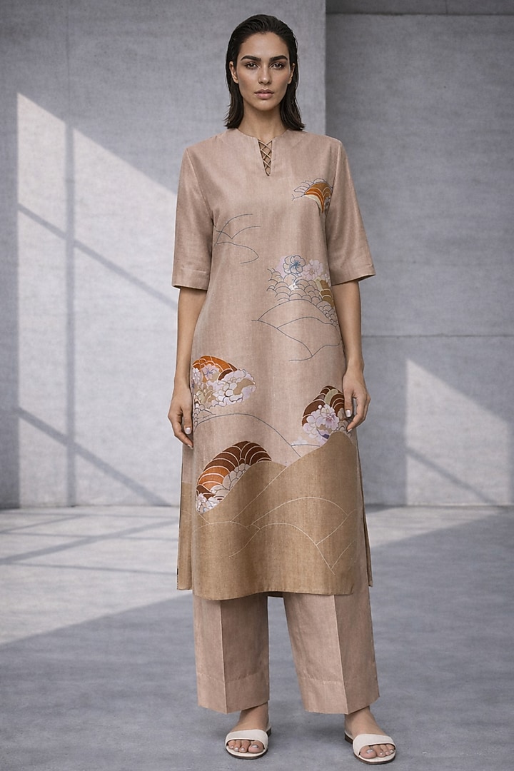 Beige Silk Chanderi Kurta Set by OJA at Pernia's Pop Up Shop