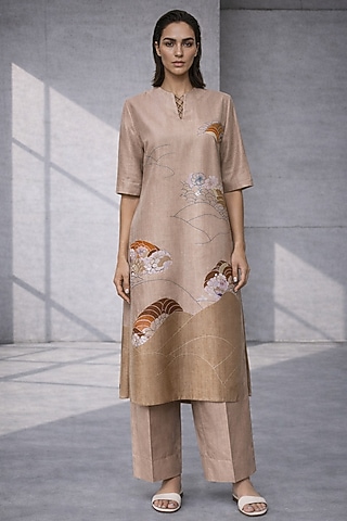 Beige Silk Chanderi Kurta Set by OJA